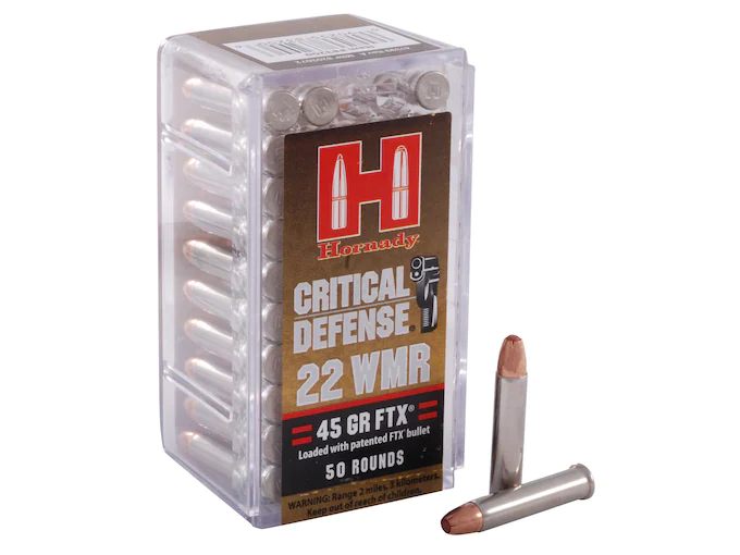 Authentic Hornady Critical Defense 22 Winchester Magnum Rimfire (WMR) Ammo 45 Grain Hornady FTX Polymer Tip